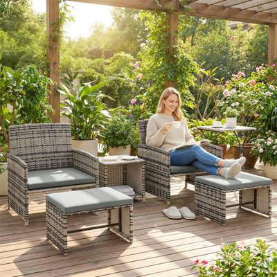 Outsunny 6 Piece Rattan Garden Furniture, Space-Saving Patio Furniture Set with Nesting Tables, Chairs, Stools, Cushions, Grey 