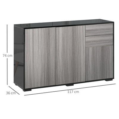 HOMCOM High Gloss Side Cabinet, Push-Open Design with 2 Drawers and 2 Cabinets for Living Room, 74H x 117W x 36Dcm, Light Grey and Black 
