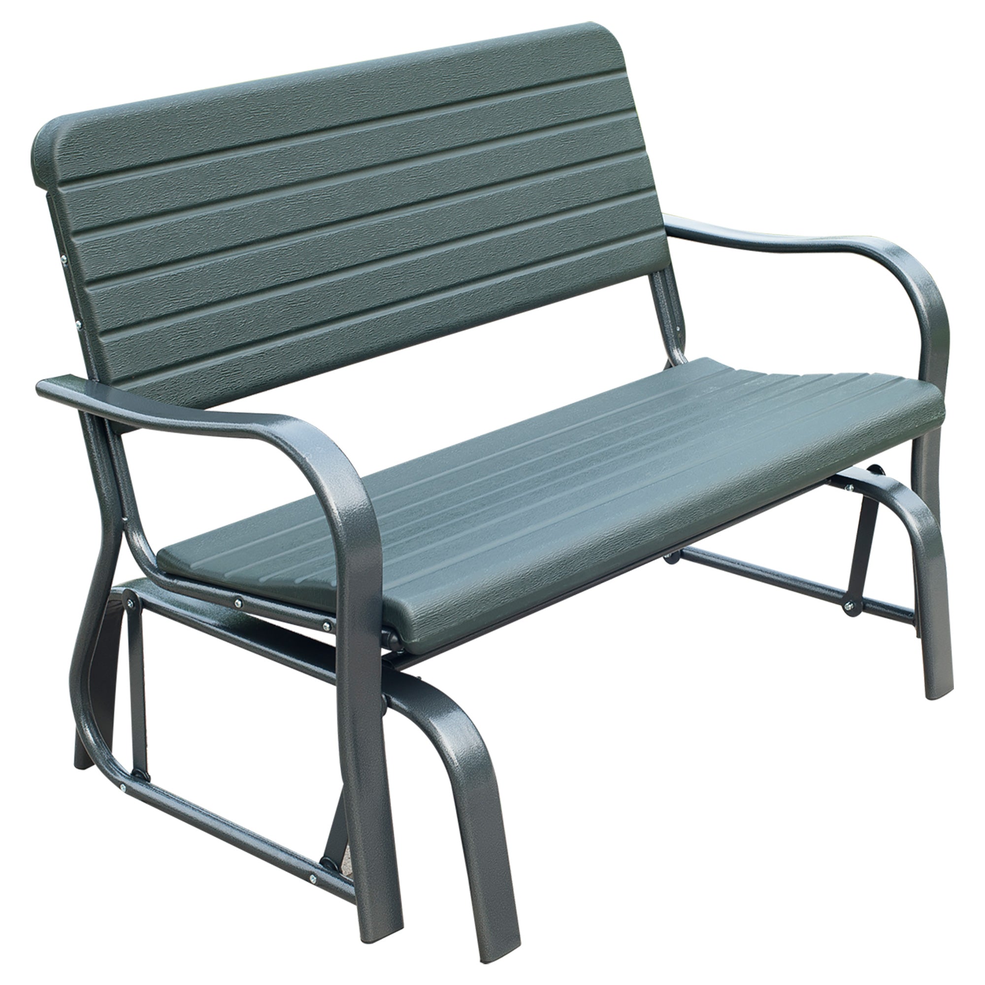 Outsunny 2 Seats Garden Glider Bench, Metal Frame and HDPE Swing Loveseat, Porch Rocking Glider for 2 Person with High Back and Armrest, Dark Green 