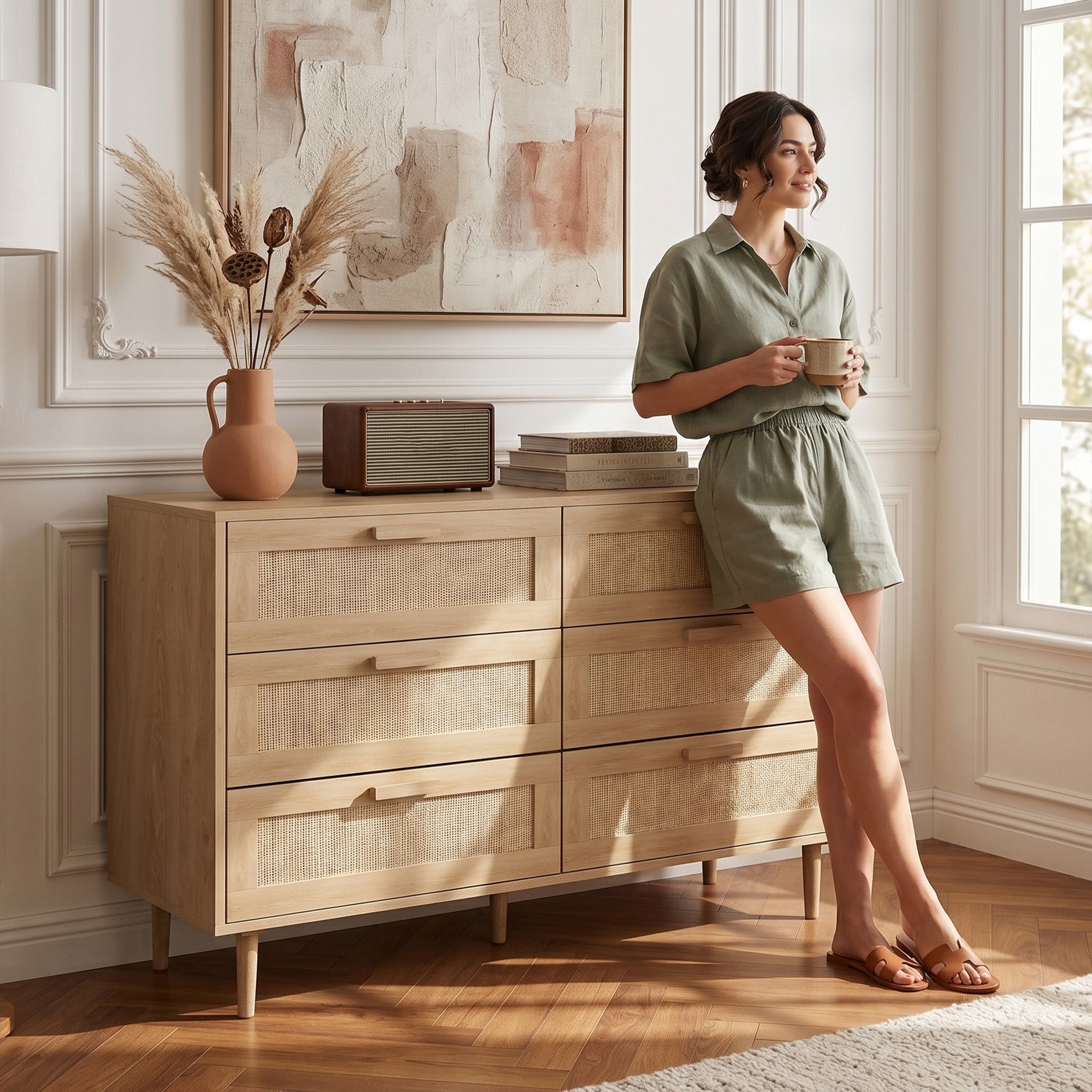 HOMCOM Chest of Drawers, 6-Drawer Dresser, Tall Storage Drawer Unit with Rattan Element for Bedroom, Living Room, Oak