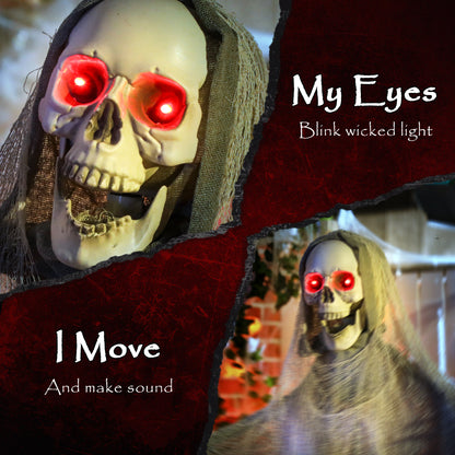 Outsunny 183 cm Life Size Halloween Animated Skeleton Grim Reaper with Glowing LED Eyes, Scary Halloween Decorations, Battery Operated, Indoor Party Props