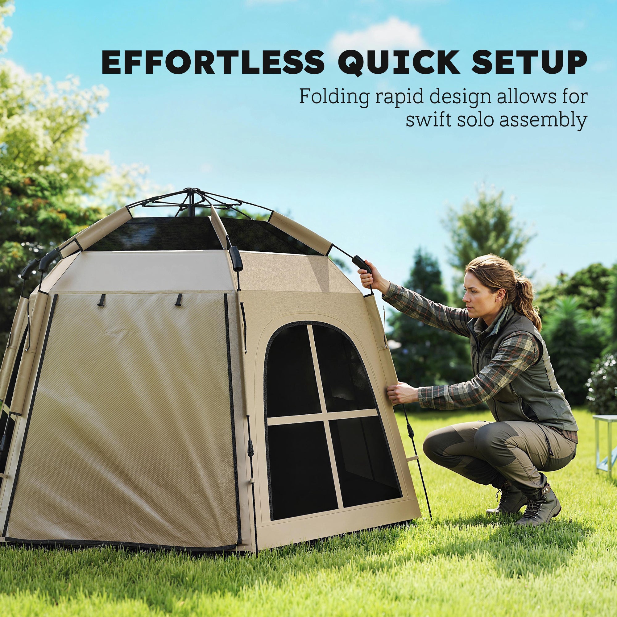 Outsunny Pop Up Tent 3000mm Waterproof Instant Camping Tent 3-4 Person with 2 Doors 4 Windows Khaki 