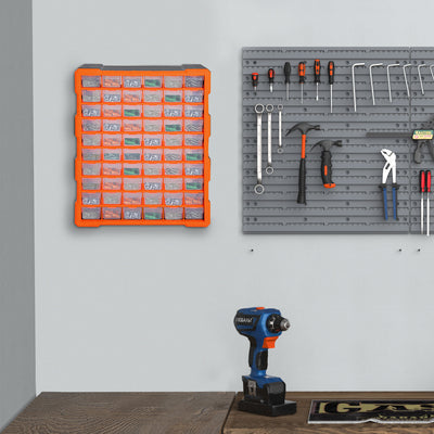 DURHAND 60 Drawers Parts Organiser Wall Mount Storage Cabinet Garage Small Nuts Bolts Tools Clear Orange 