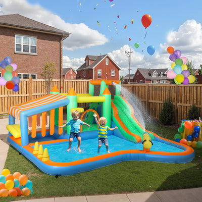 AIYAPLAY 8 in 1 Inflatable Bounce House with 680W Blower, Slide, 2 Pools, Basketball Hoop, Climbing Wall, Water Gun, Ring Toss 