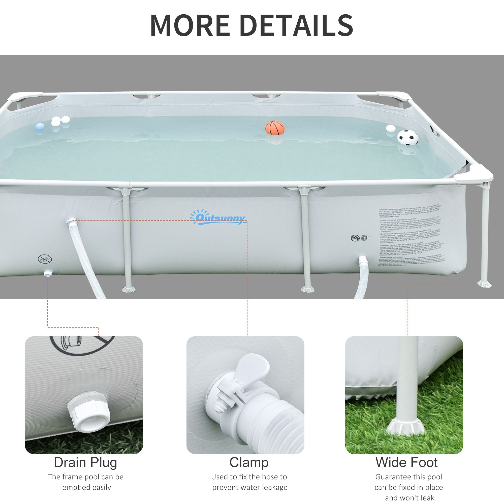 Outsunny Steel Frame Pool with Filter Pump, Filter Cartridge, Reinforced Sidewalls Rust Resistant Above Ground Swimming Pool 252 x 152 x 65cm, Grey 
