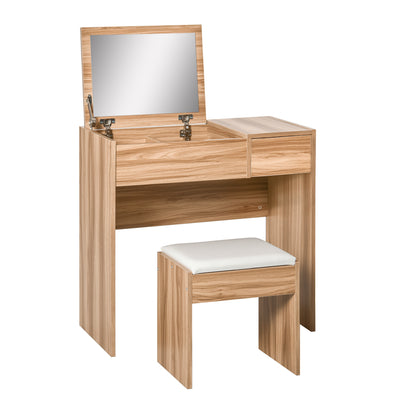 HOMCOM Makeup Desk with Drawer, Vanity Table Set with Flip-up Mirror and Cushioned Stool, Natural 