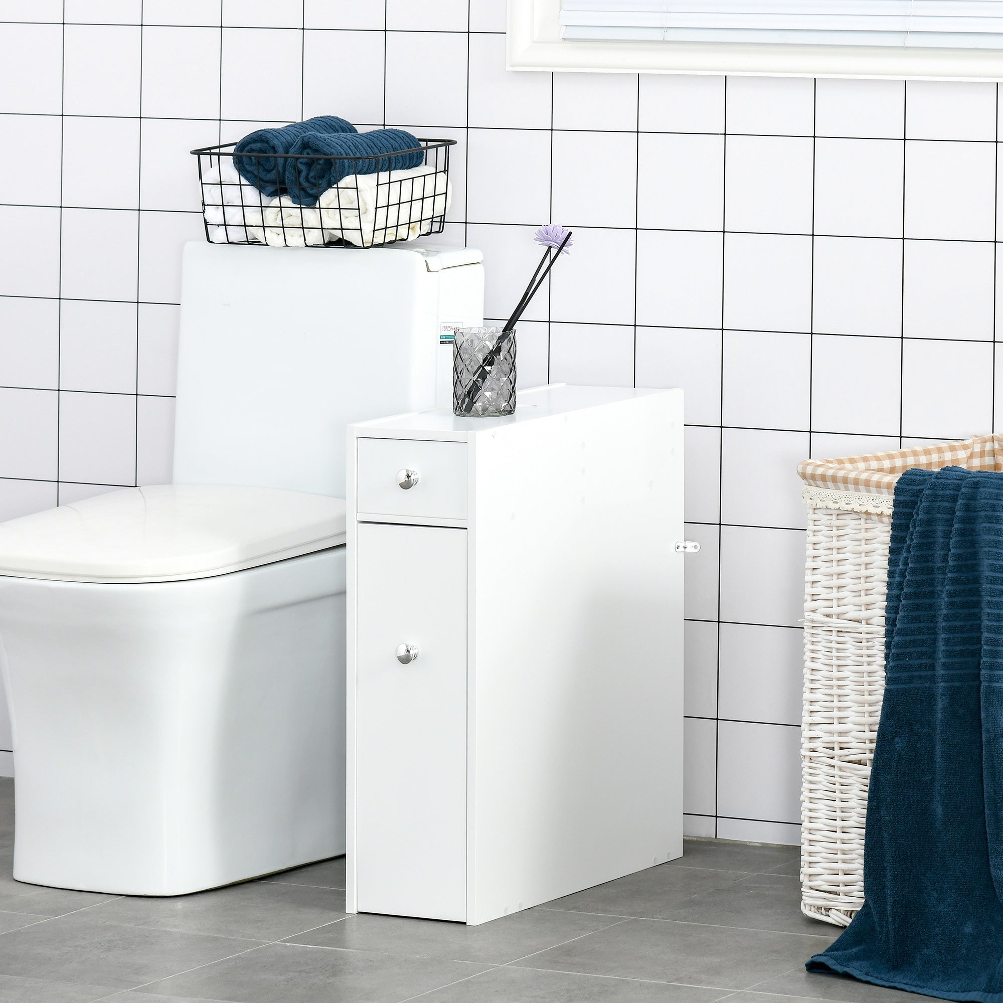 HOMCOM Bathroom Slim Floor Cabinet Narrow Wooden Storage Home Bath Toilet Cupboard Organiser Unit with Drawers White 