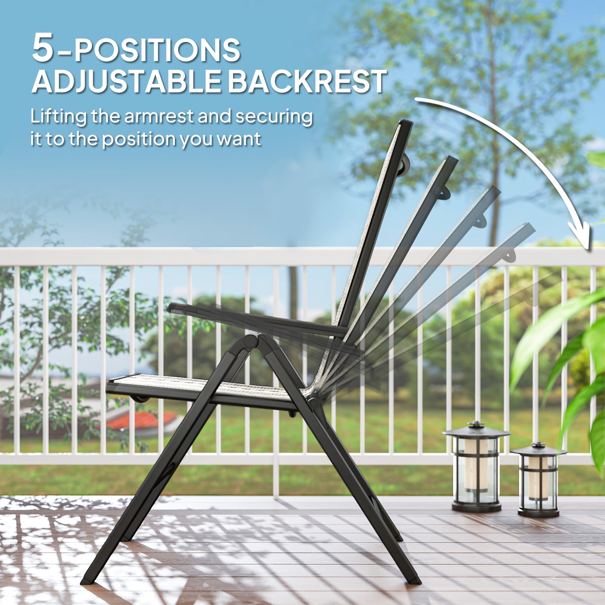 Outsunny Outdoor Rattan Folding Chair with 5-Position Adjustable Backrest, Wicker Garden Dining Chair with Wide Armrest, Set of 2 for Patio, Terrace, Balcony, Black 