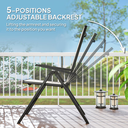 Outsunny Outdoor Rattan Folding Chair with 5-Position Adjustable Backrest, Wicker Garden Dining Chair with Wide Armrest, Set of 2 for Patio, Terrace, Balcony, Black 