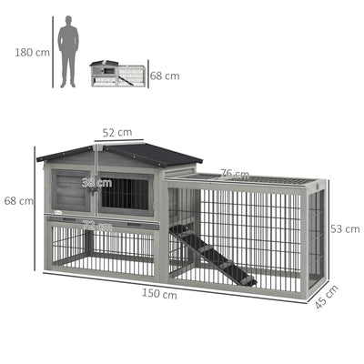 PawHut Wooden Rabbit Hutch with Outdoor Run Grey 