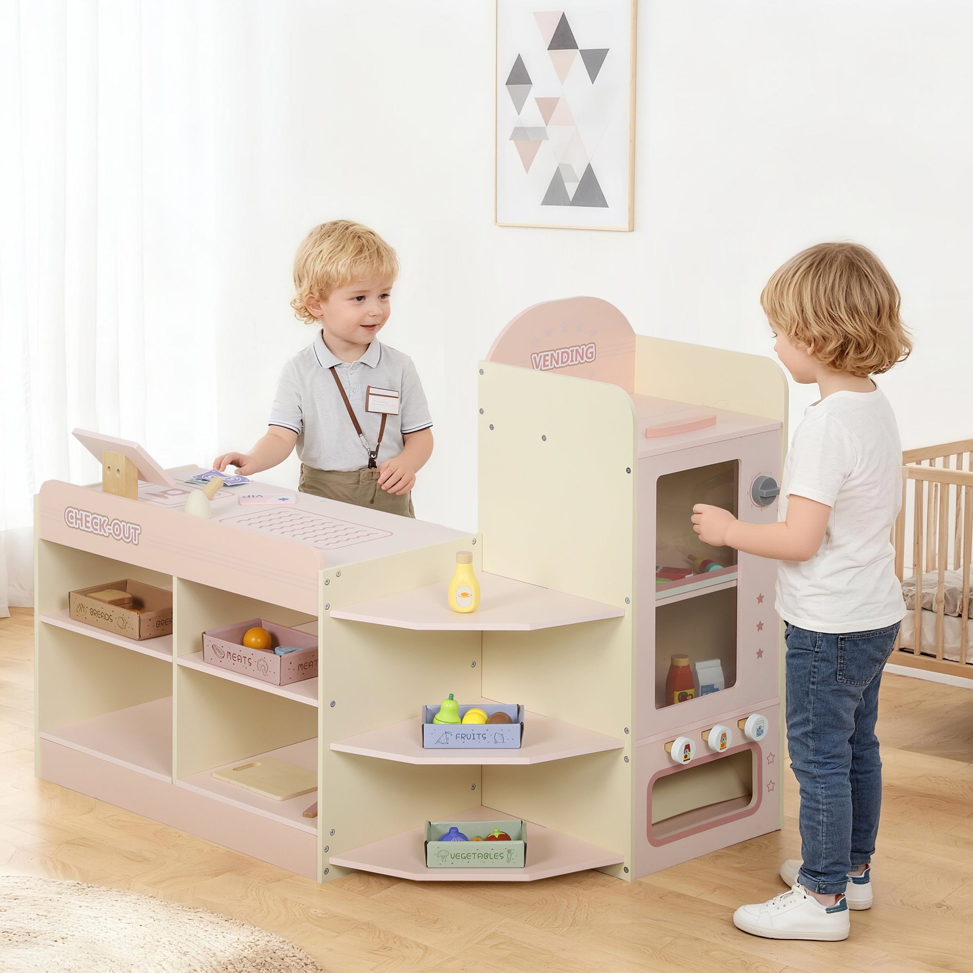 AIYAPLAY Kids Grocery Store, Children Supermarket Playset with Cash Register, Vending Machine, Display Shelves 