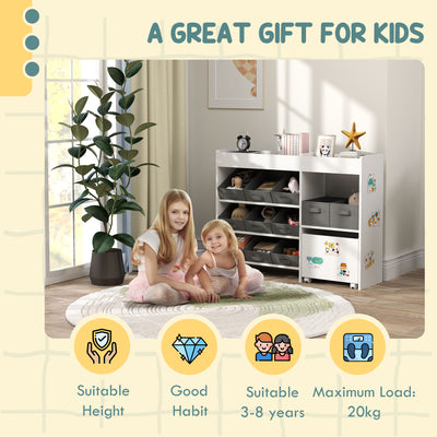 AIYAPLAY Kids Toy Storage Unit with 11 Bins, Cabinet, Top Shelves, 3 Stickers, for Nursery, Playroom, White 