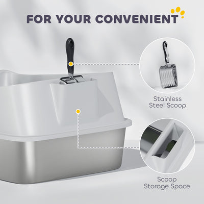 PawHut XL Stainless Steel Cat Litter Box with High Sides, Metal Scoop, 60 x 40 x 30 cm 