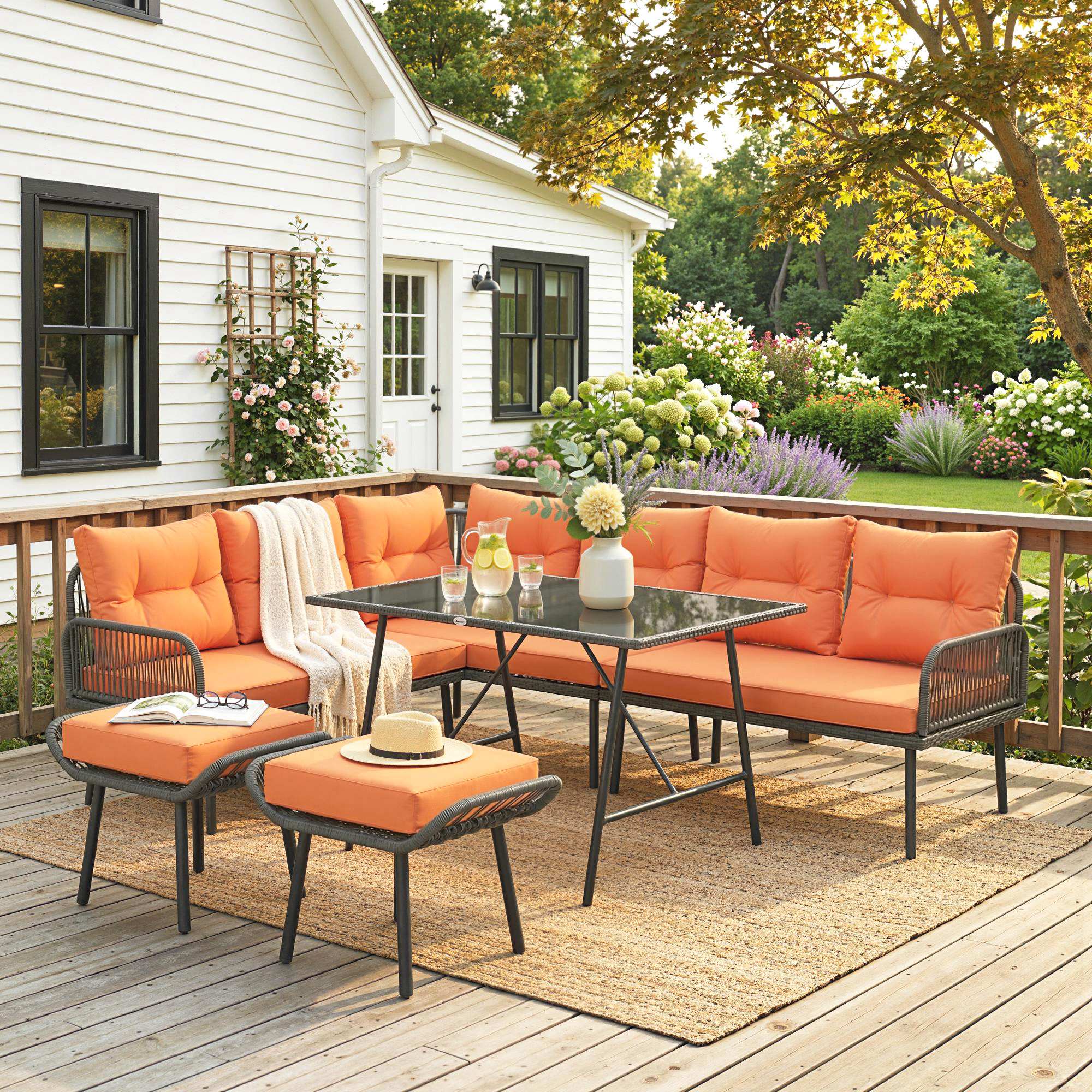 Outsunny 6 Piece Rattan Garden Furniture Set, 8 Seater Garden Corner Sofa with Cushions and Glass Top Table, Orange 