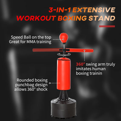 HOMCOM 155-205cm 3-IN-1 Freestanding Boxing Punching Bag Stand, Boxing Speed Trainer with Rotating Flexible Arm, Speed Ball, Fillable Base, Red 