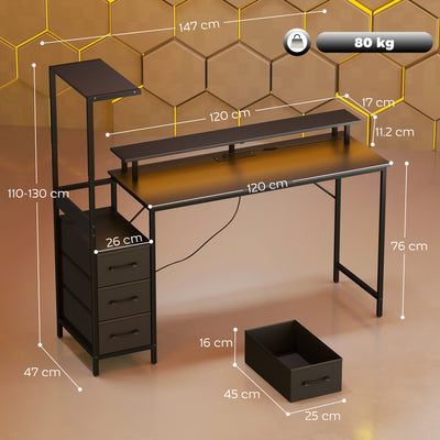 HOMCOM 147cm Gaming Desk with Charging Station and Monitor Stand, Computer Table for Home Office with RGB Lights, Black 