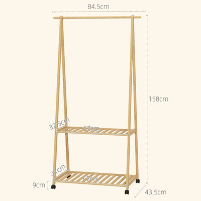 HOMCOM Bamboo Clothes Rack, with Shelves and Hooks - Natural Finish 