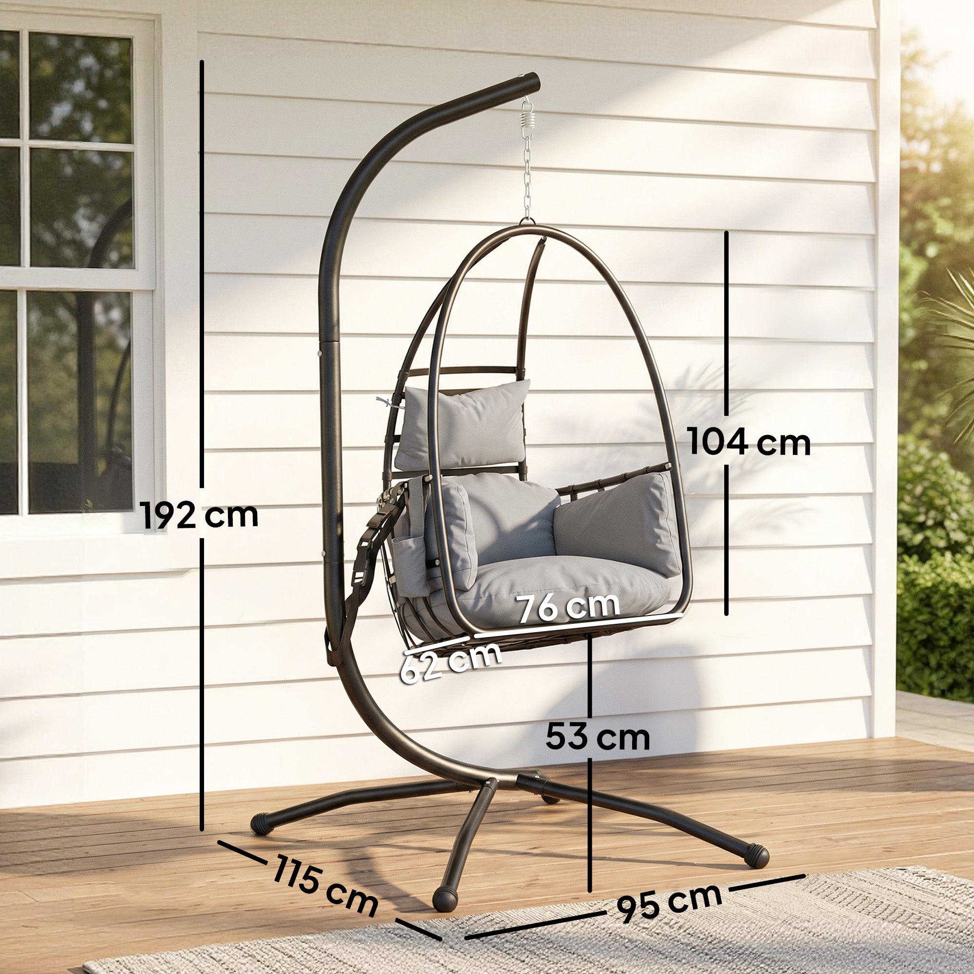 Outsunny Hanging Egg Chair, Indoor Outdoor Swinging Hammock Chair with Stand, Foldable Basket, Side Pocket, Dark Grey 