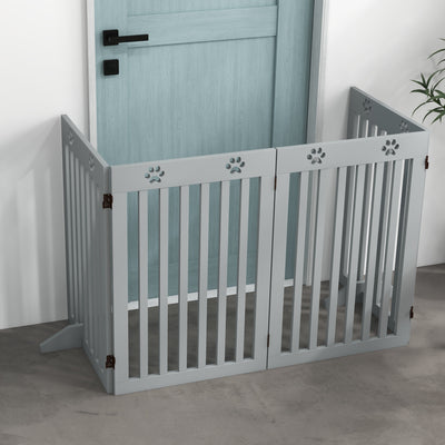 PawHut Wooden Pet Gate Foldable Freestanding Dog Safety Barrier w/ Support Feet, Grey 