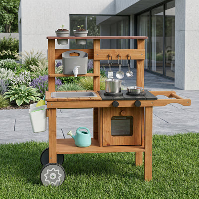 AIYAPLAY Wooden Mud Kitchen with Wheels, Stove, Faucet, Flower Pots, Stainless Steel Accessories for Toddlers 3-6, Brown 