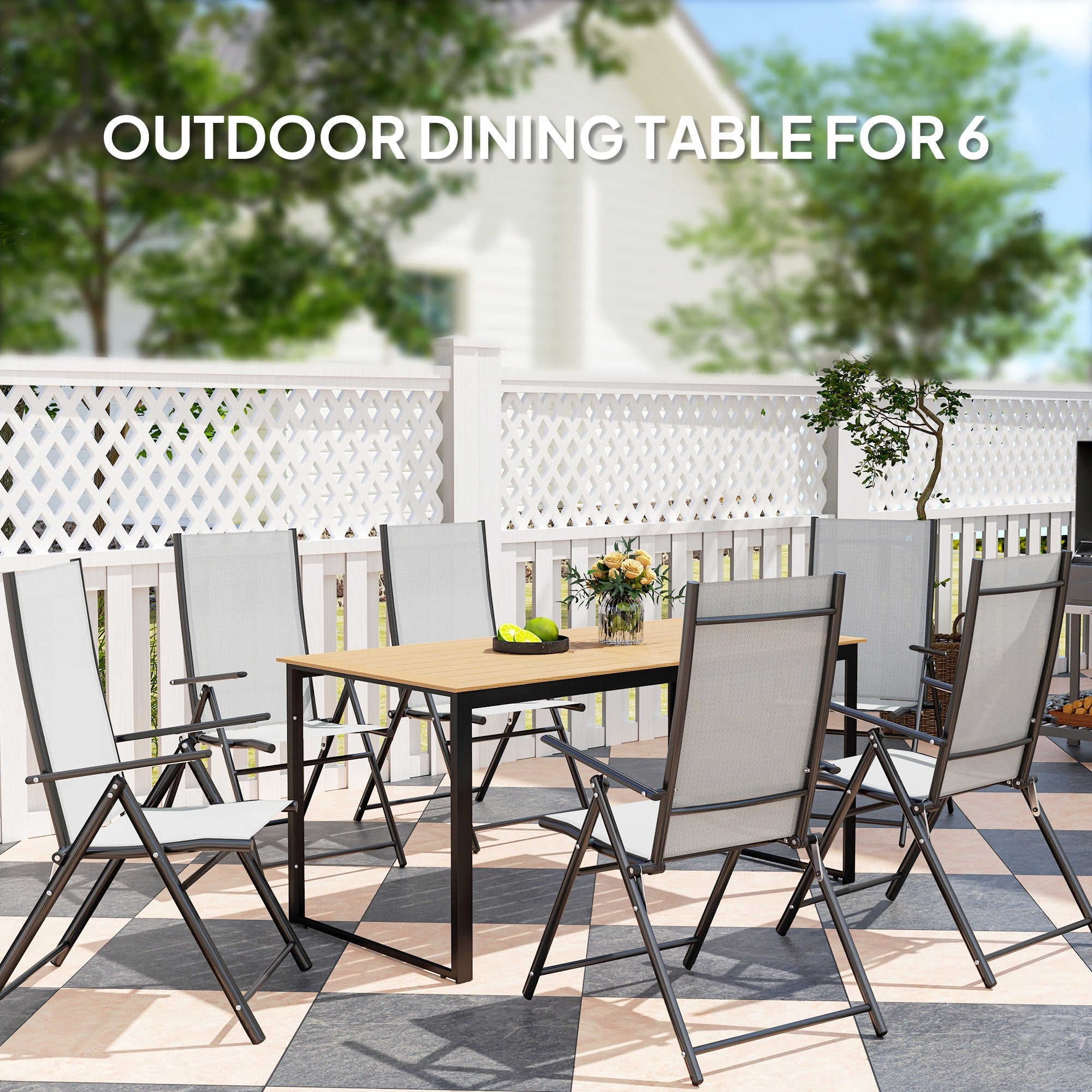 Outsunny Garden Table for 6 People, 160 x 80 x 75 cm Rectangle Outdoor Dining Table with Slatted Table Top, Metal Frame, for Balcony, Deck, Teak 