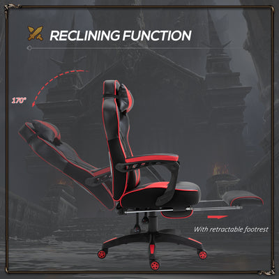 Vinsetto Computer Gaming Chair, Racing Desk Chair with Lumbar Support and Footrest, PU Leather Gamer Chair with Headrest and Swivel Wheels for Home, Red 
