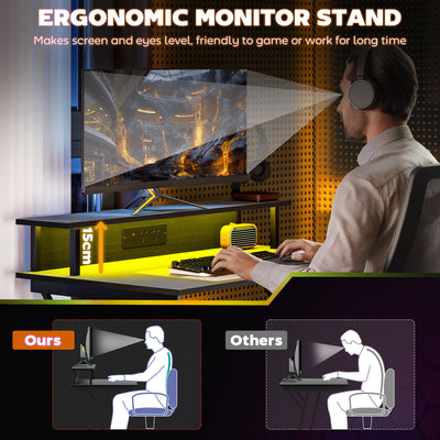 HOMCOM Gaming Desk with LED Lights and Power Outlets, 100 x 60cm Z Shaped Computer Desk with Monitor Stand and Steel Frame, PC Gaming Table for Home Office, Black 