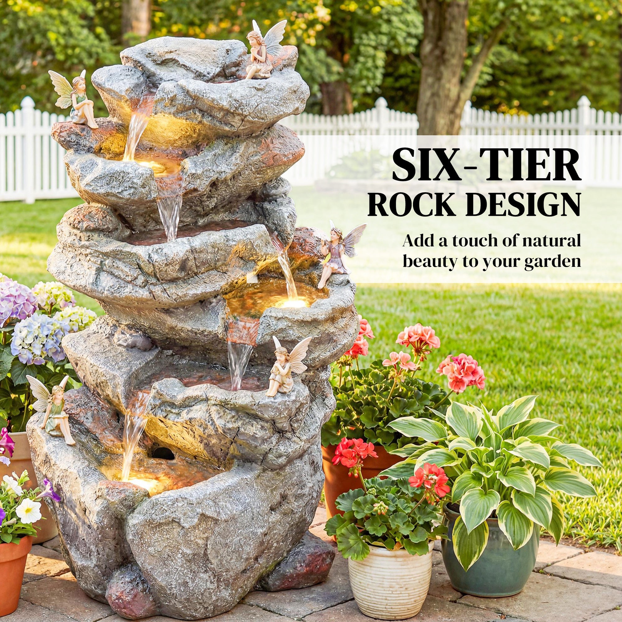 Outsunny Outdoor Water Fountain with 6-Tier Rock Style, Cascading Waterfall Feature with LED Lights, Adjustable Flow, Grey 