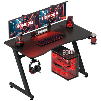 HOMCOM Gaming Desk 120 x 65 cm Steel Frame with Cup Holder, Headphone Hook, Adjustable Feet and Cable Organiser, Home Office Computer Table, Black 