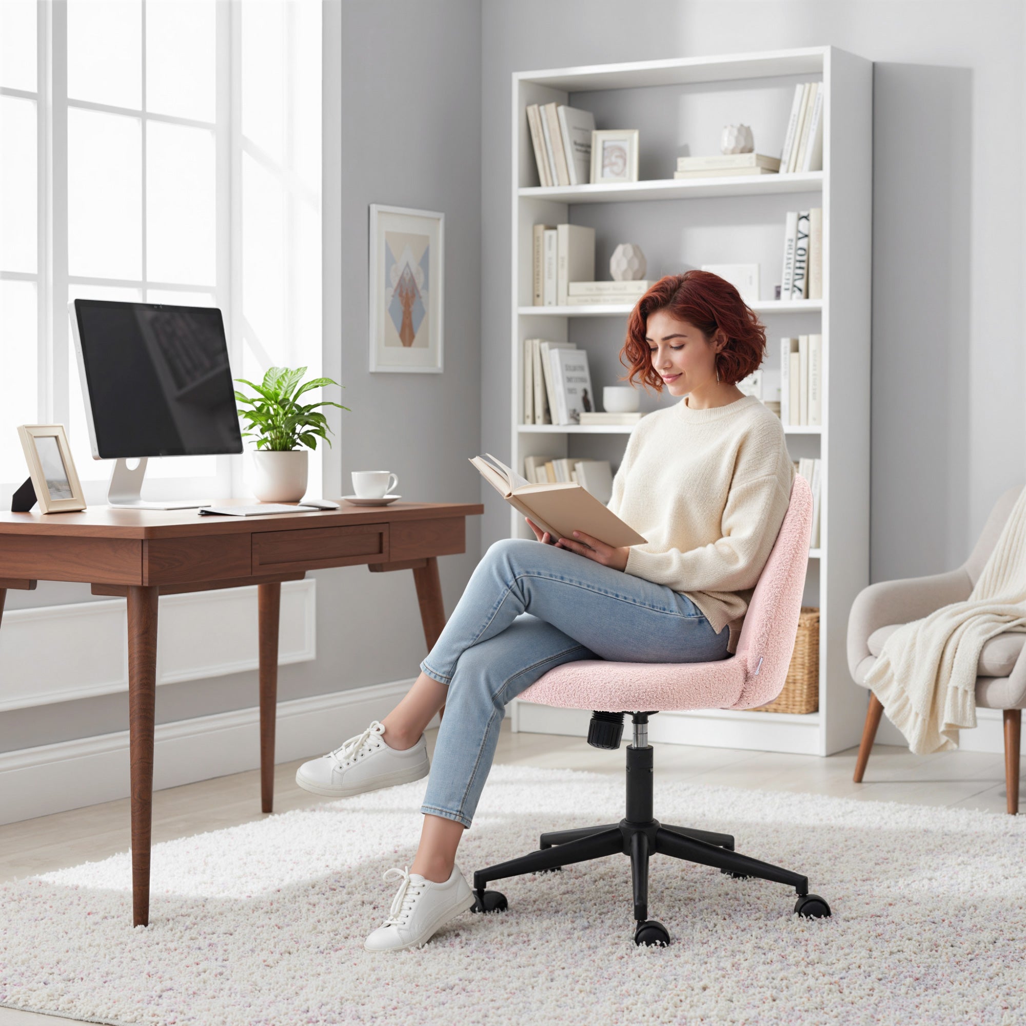 HOMCOM Teddy Fleece Office Chair with Wheels - Light Pink 