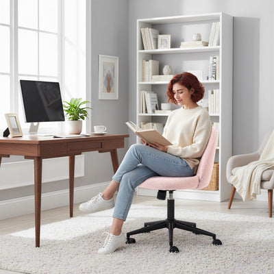 HOMCOM Teddy Fleece Office Chair with Wheels - Light Pink 