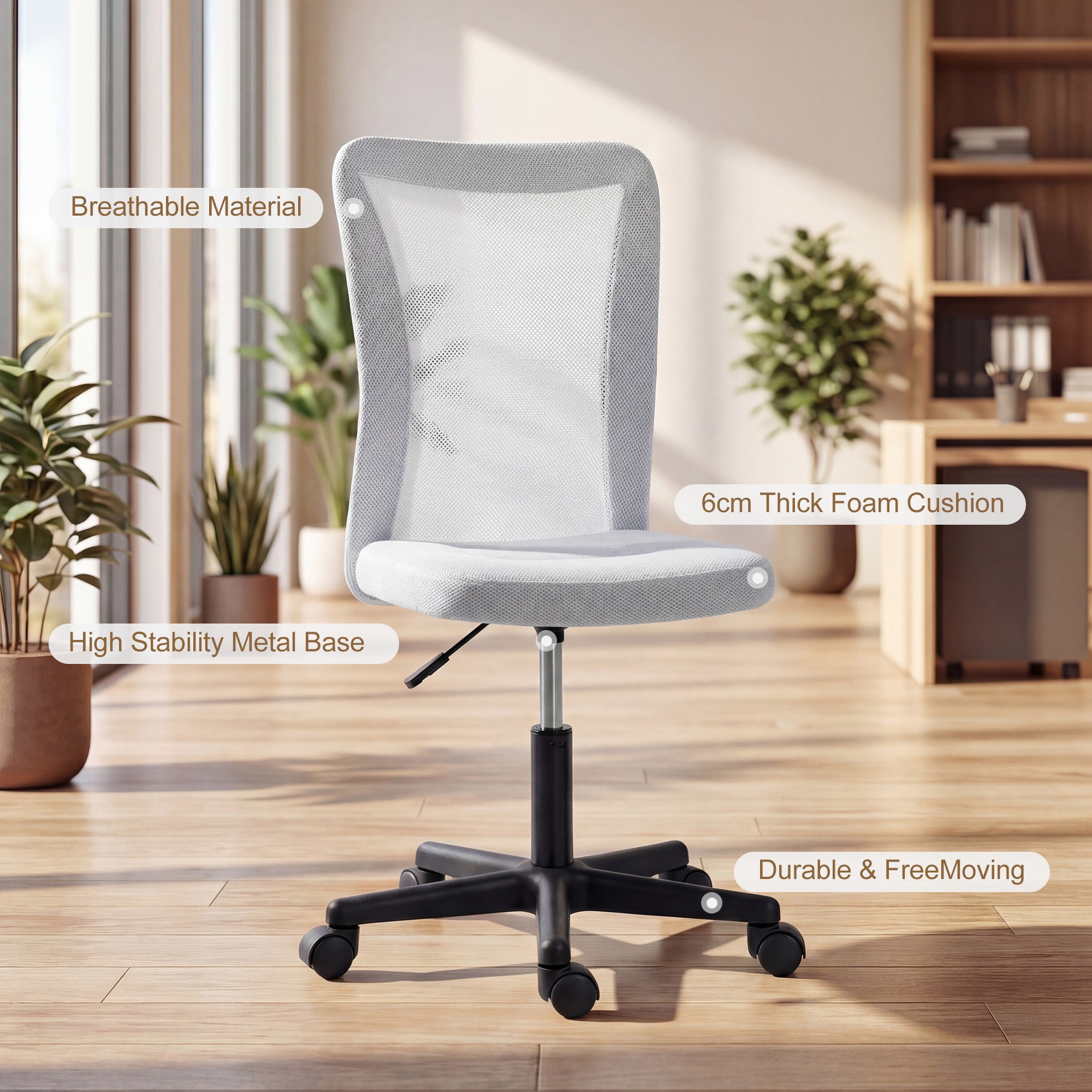 Vinsetto Mesh Office Chair Armless Swivel Executive Computer Desk Chair Adjustable Height Wheels White 