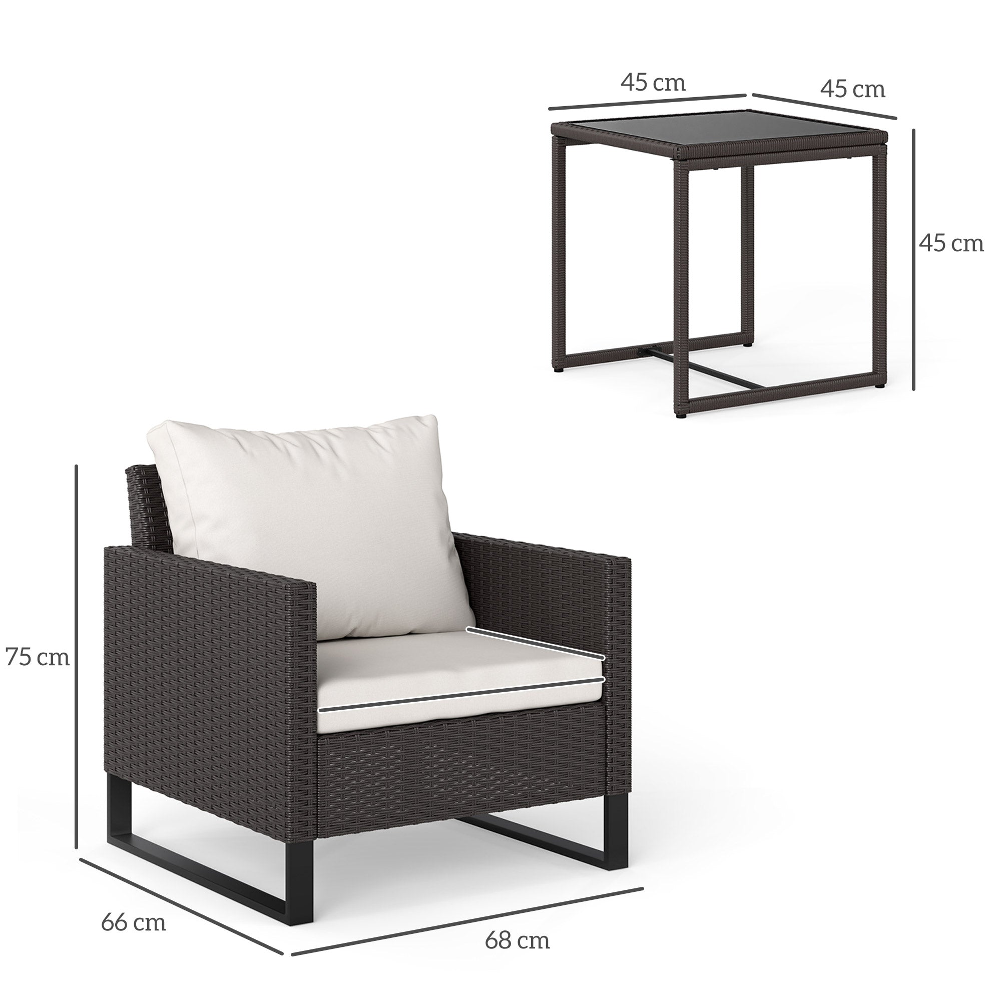 Outsunny 3 Pieces Rattan Bistro Set with 4 Cushions, Wicker Garden Furniture Set, Glass Top Coffee Table and Chairs for Outdoor Patio, Balcony, Terrace and Conservatory, Brown 