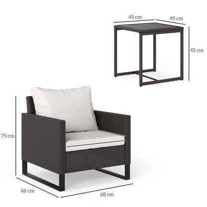 Outsunny 3 Pieces Rattan Bistro Set with 4 Cushions, Wicker Garden Furniture Set, Glass Top Coffee Table and Chairs for Outdoor Patio, Balcony, Terrace and Conservatory, Brown 