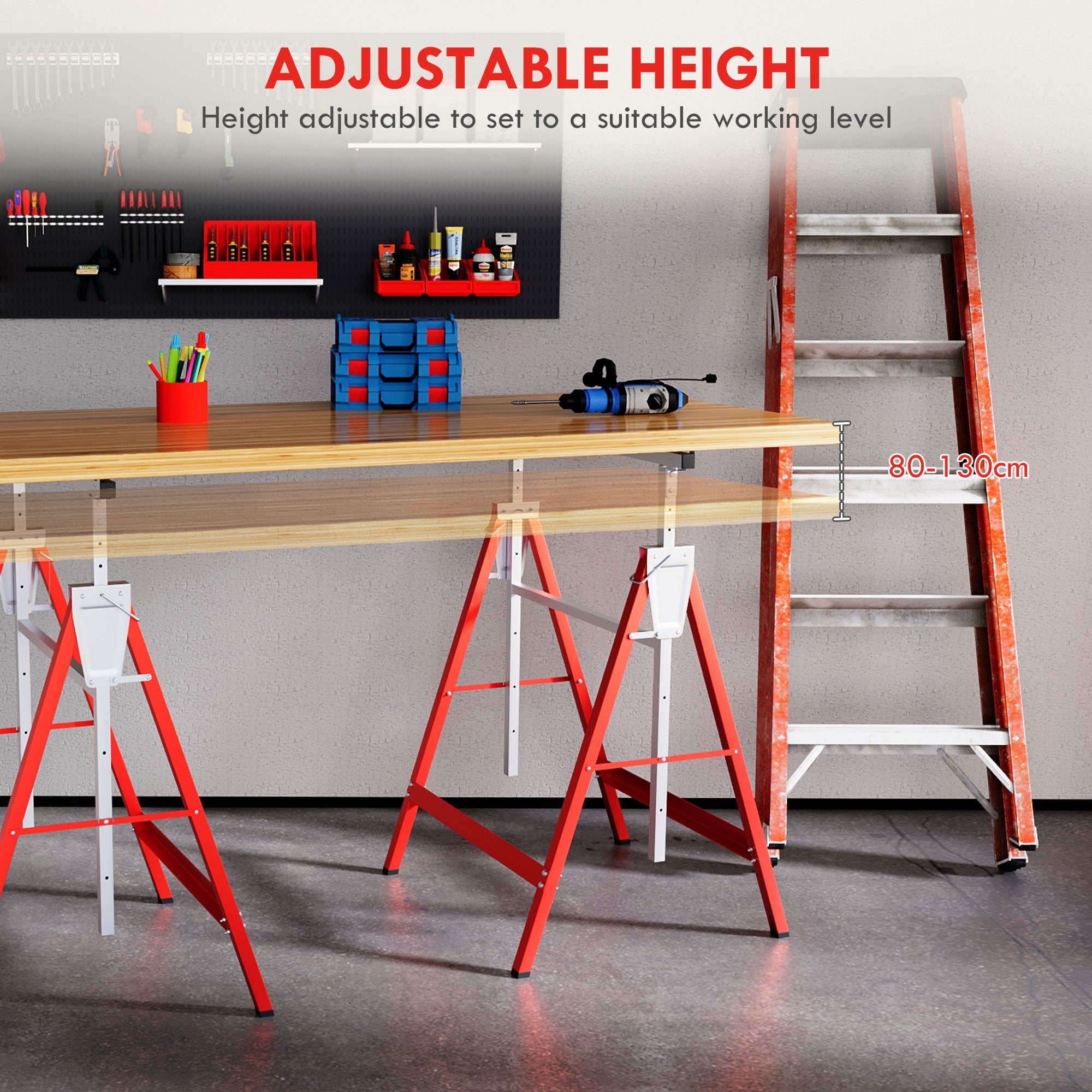 HOMCOM Set of 2 Adjustable Telescopic Builders Trestle, DIY Steel Work Bench Carpenter, Folding Saw Horse Tools Red 