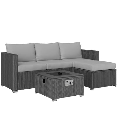 Outsunny Five Piece Rattan Garden Furniture Set with Gas Fire Pit Table and Footstool - Grey 