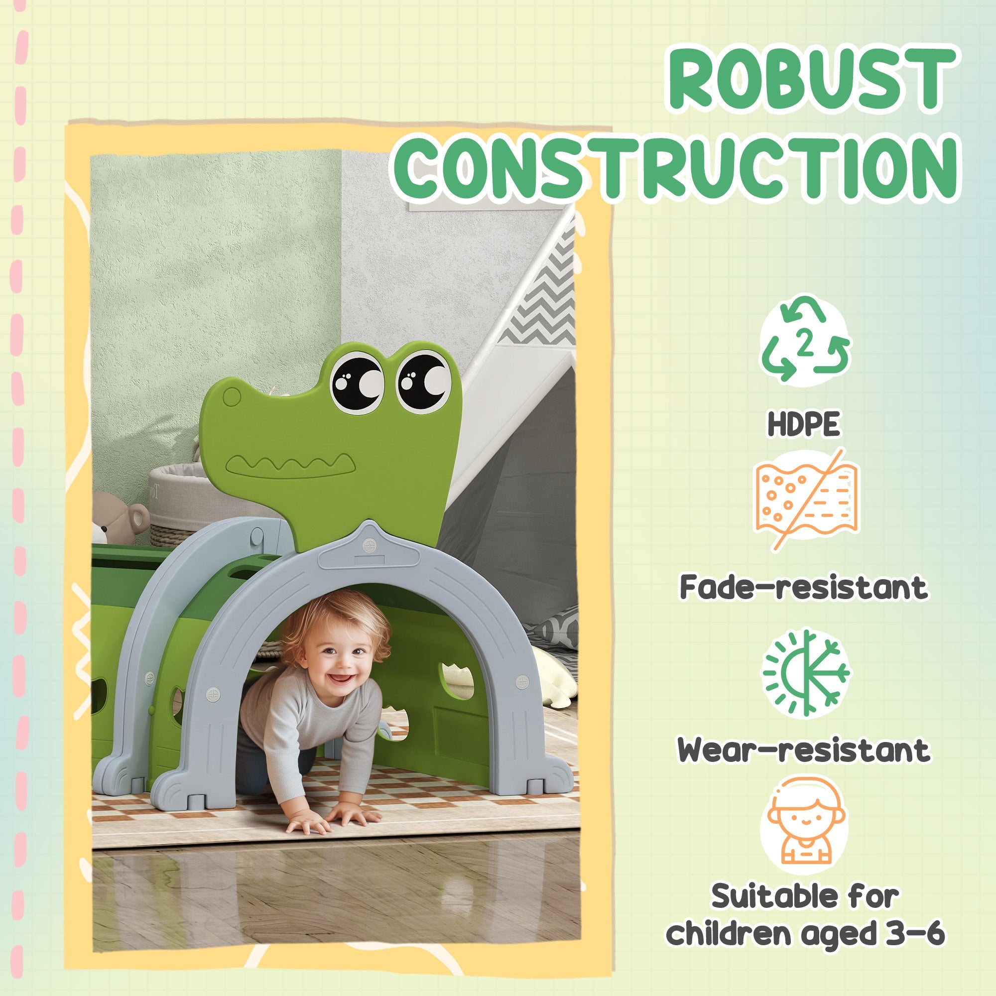 AIYAPLAY Crocodile Design Kids Play Tunnel for Ages 3-6 Crawl and Climb 
