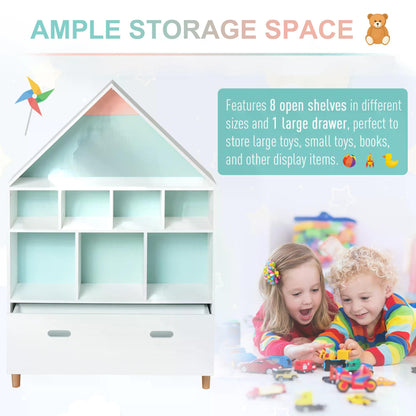 HOMCOM Kids House-Designed Bookshelf, with Drawer – Blue & White 