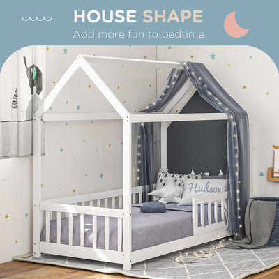 HOMCOM House-Shaped Kids Bed Frame with Safety Fence, Solid Pine Wood Single Bed Frame for Kids Boys and Girls 