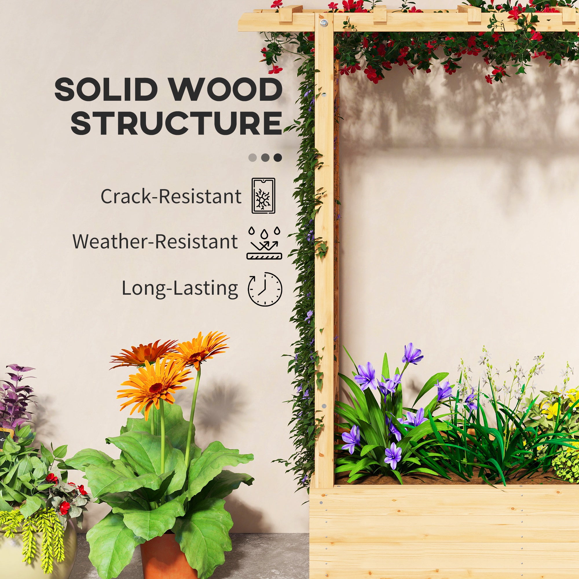 Outsunny Garden Planter with Trellis, Wooden Raised Bed for Garden with Hanging Roof and Drainage Holes, Outdoor Trellis Planter Box for Vegetables, Herbs and Flowers, 110 x 44 x 113 cm, Natural 