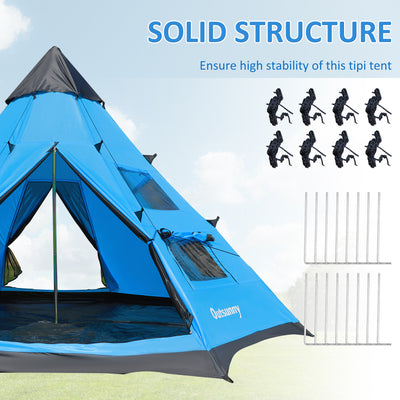 Outsunny 6 Men Tipi Tent, Camping Tent, Teepee Family Tent with Mesh Windows, Sewn-in Tent Floor, Two Doors and Carry Bag, Easy Set Up, for Hiking Picnics Outdoor Night, Blue 