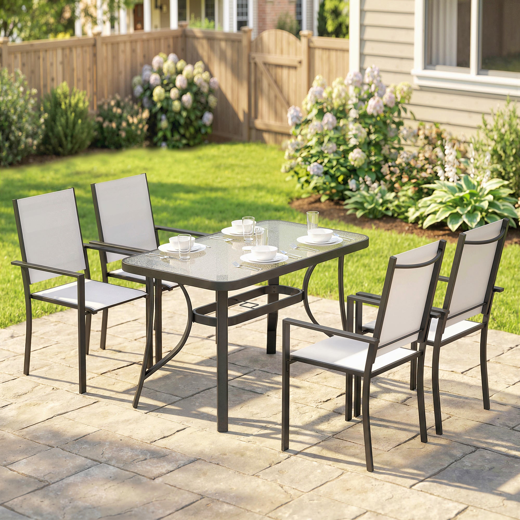 Outsunny Garden Dining Set for 4 with Umbrella Hole, Stackable Chairs and Rectangular Glass-Top Outdoor Table, Light Grey 