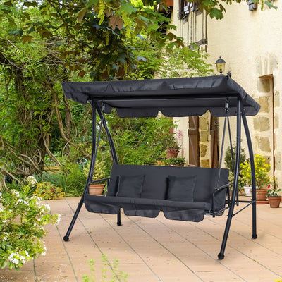 Outsunny Outdoor 2-in-1 Swing Chair Lounger 3 Seater Garden Swing Seat Bed Convertible Tilt Canopy W/ Cushion, Dark Grey 