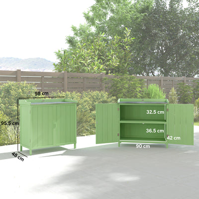 Outsunny Wood Garden Storage Cabinet, Outdoor Tool Shed, Potting Bench Table with galvanised Top and Two Shelves for garden Tools or Pool Accessories, Green 