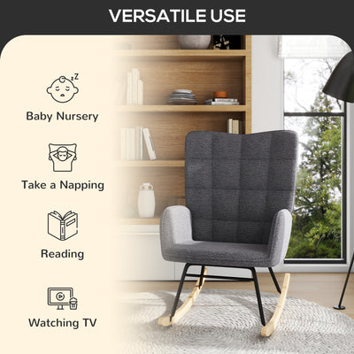 HOMCOM Berber Fleece Nursery Glider Rocker for Nursing, Wingback Rocking Chair for Living Room, Dark Grey 