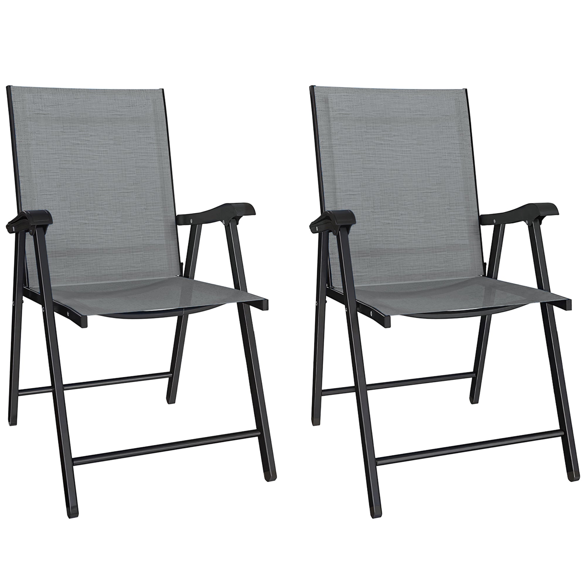 Outsunny Folding Garden Chairs Set of 2, Foldable Garden Dining Chairs with High Back, Armrests, Texteline Seat, Light Grey 