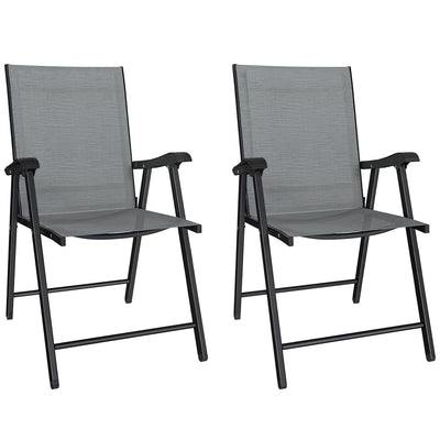 Outsunny Folding Garden Chairs Set of 2, Foldable Garden Dining Chairs with High Back, Armrests, Texteline Seat, Light Grey 