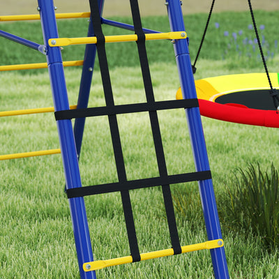 AIYAPLAY 6 in 1 Metal Kids Swing Set with 3 Swings, Climbing Ladder & Net, Basketball Hoop, for Ages 3-8 