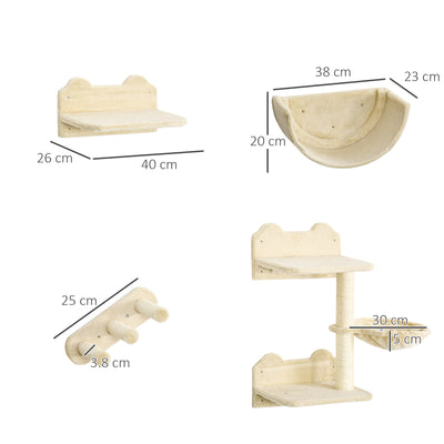 PawHut 4PCs Wall-Mounted Cat Shelves w/ Scratching Post, Hammock, Nest - Beige 