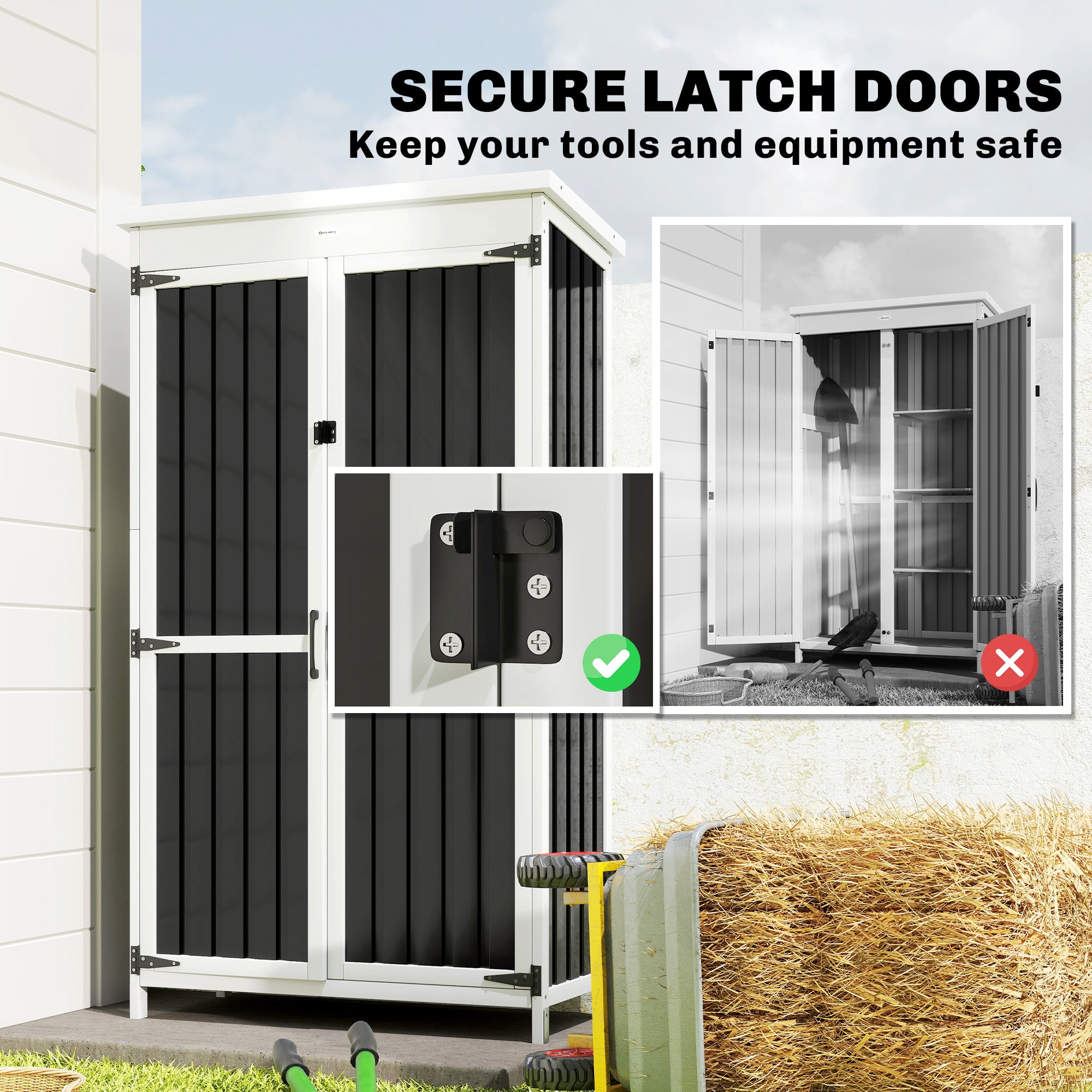 Outsunny Outdoor Storage Cabinet with Removable Shelves, Garden Tool Shed with Asphalt Roof, White and Black 
